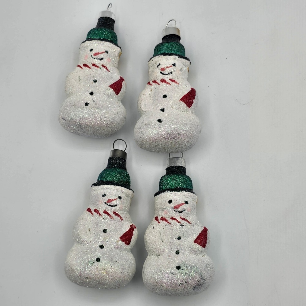 Glass Glitter Snowmen Christmas Ornaments White - Set Of 4 Vtg 90s